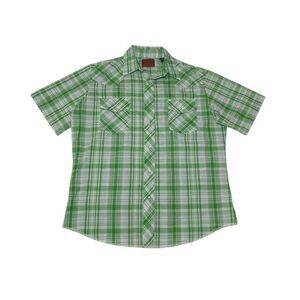 Rustler Men's Large‎ Shirt Pearl Snap Short Sleeve Green Plaid X Long Tails